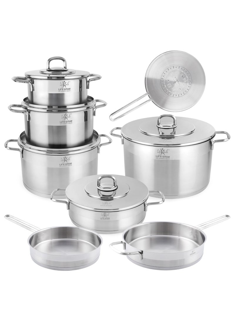 Life Smile 18/10 Stainless Steel Cookware Set with Induction Bottom – 20 /24/28/32cm Soup Pots with Lid, 28cm Shallow Pot), 24/28/32cm Fry Pans – Oven Safe - Image 1